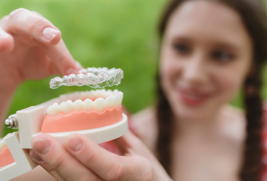 Clear aligner being placed on dental model for teeth straightening