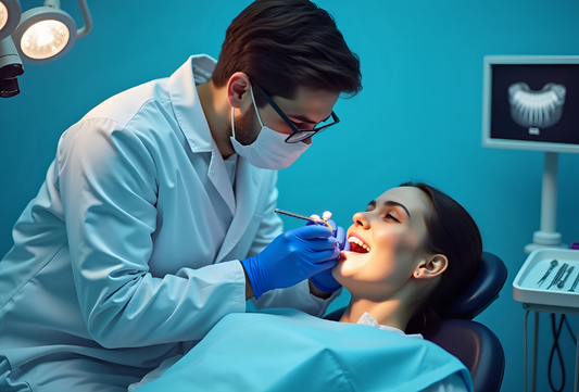 Dentist examining a smiling female patient during a clear aligner consultation in a modern dental clinic.