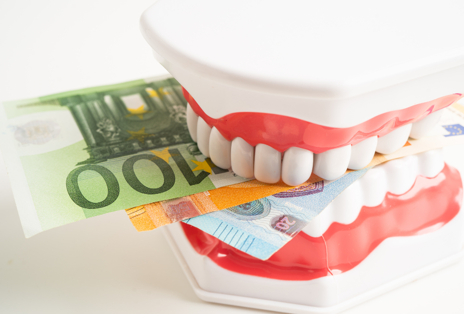 Dental model holding euro banknotes, representing Smileie clear aligners pricing and payment options in Europe.